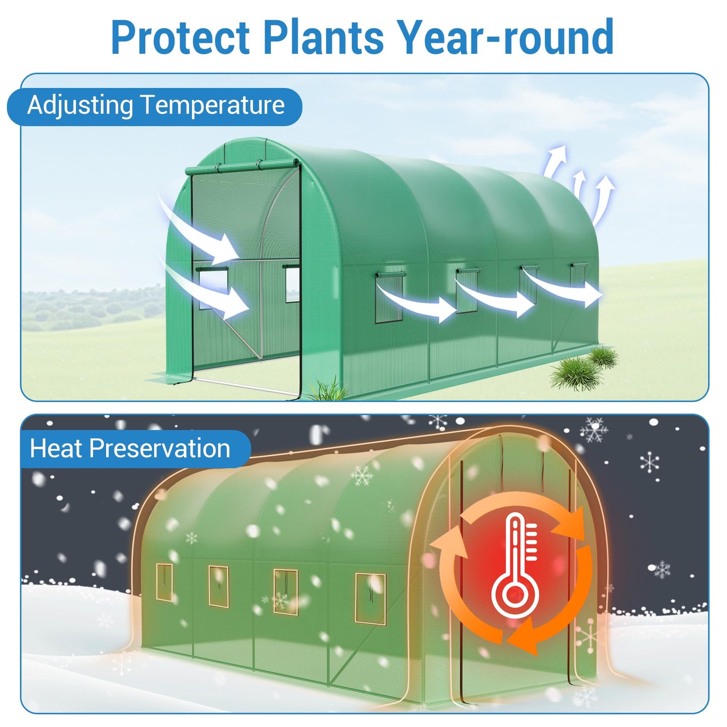 15x7x7 ft Walk-in Greenhouse for Outside - Heavy Duty Galvanized Steel Hoop House with PE Cover, 8 Windows & Roll-Up Door - Outdoor Plant Tunnel for Gardening, Vegetables & Year-Round Growing