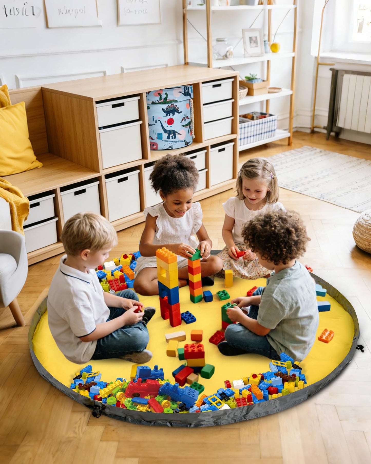 Toy Storage Organizer, Foldable Bag with 60" Play Mat for Kid, Playroom Basket Bin with Lid for Building Scattered Blocks, Thin Toy Mats Are Perfect for Homes with Carpets, Blue Dinosaur