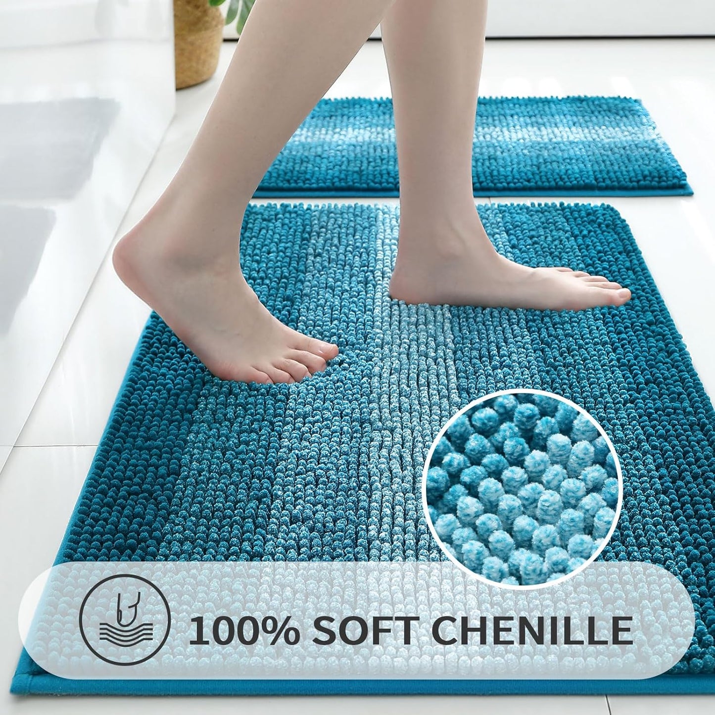 Gibelle Teal Bathroom Rugs, Luxury Chenille Bath Mat, Small Non Slip Shower Rug and Bath Room Floor Mats, Machine Washable, Quick Dry Bathmat, Soft Cozy Plush Rug for Tub, 20" x 32"