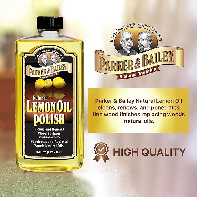 Parker & Bailey Lemon Oil Polish, Natural Lemon Scented Furniture Cleaner & Wood Table Cleaner, Renews & Restores a Finish for Woods, Protects from Drying or Cracking, Leaves a Shiny Finish, 16 oz
