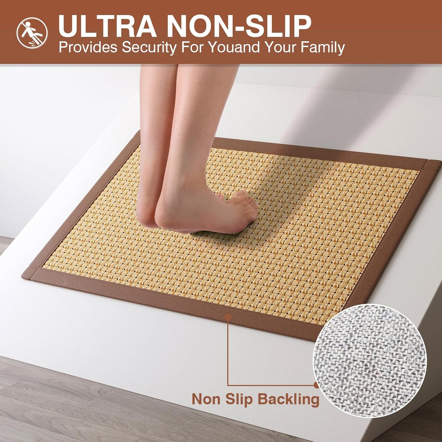 Non Slip Ultra Thin Bathroom Rugs Mat 20x32, Bath Mat Quick Dry Absorbent Bathroom Mat Floor Rubber Backed Fit Under Door, Woven Washable Bath Rugs, Brown
