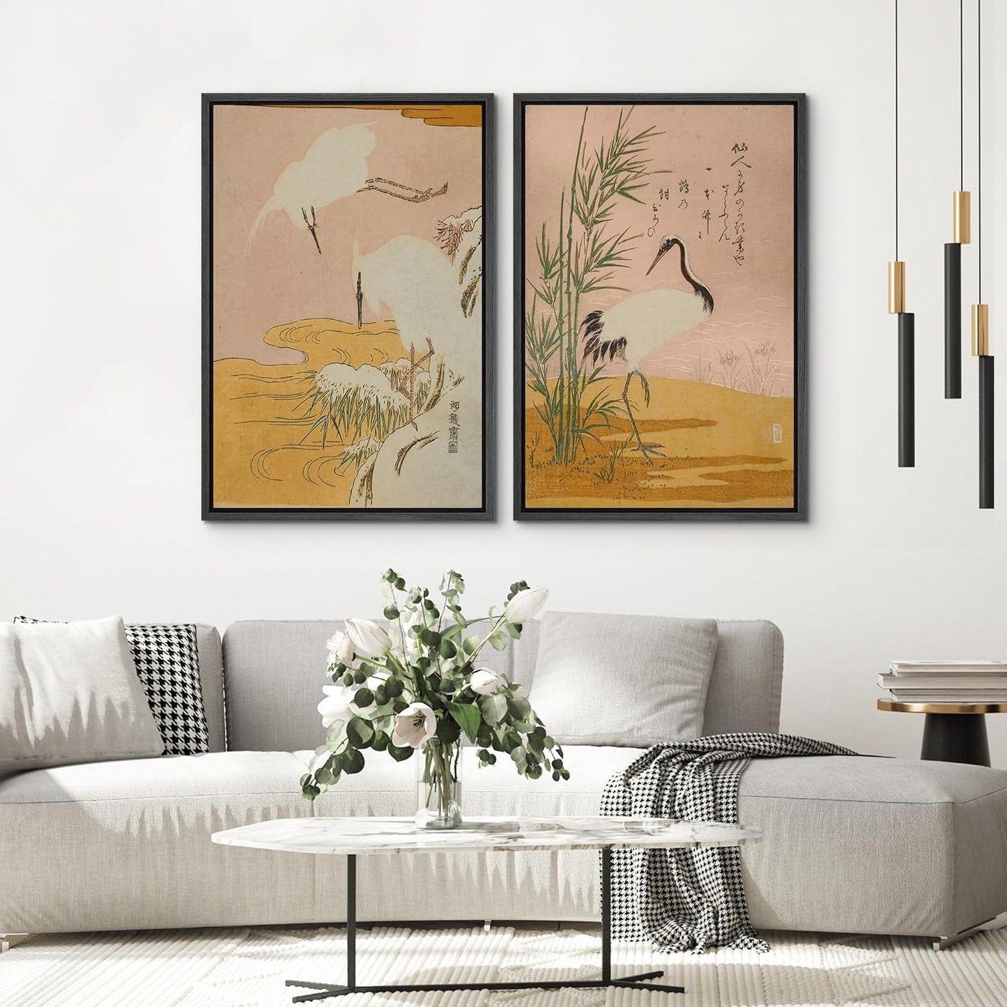 SIGNWIN Framed Canvas Print Wall Art Set Japanese Crane Vintage Style Bird and Bamboo Illustrations Modern Art Rustic Minimal for Living Room, Bedroom, Office - 24"x36"x2 Black
