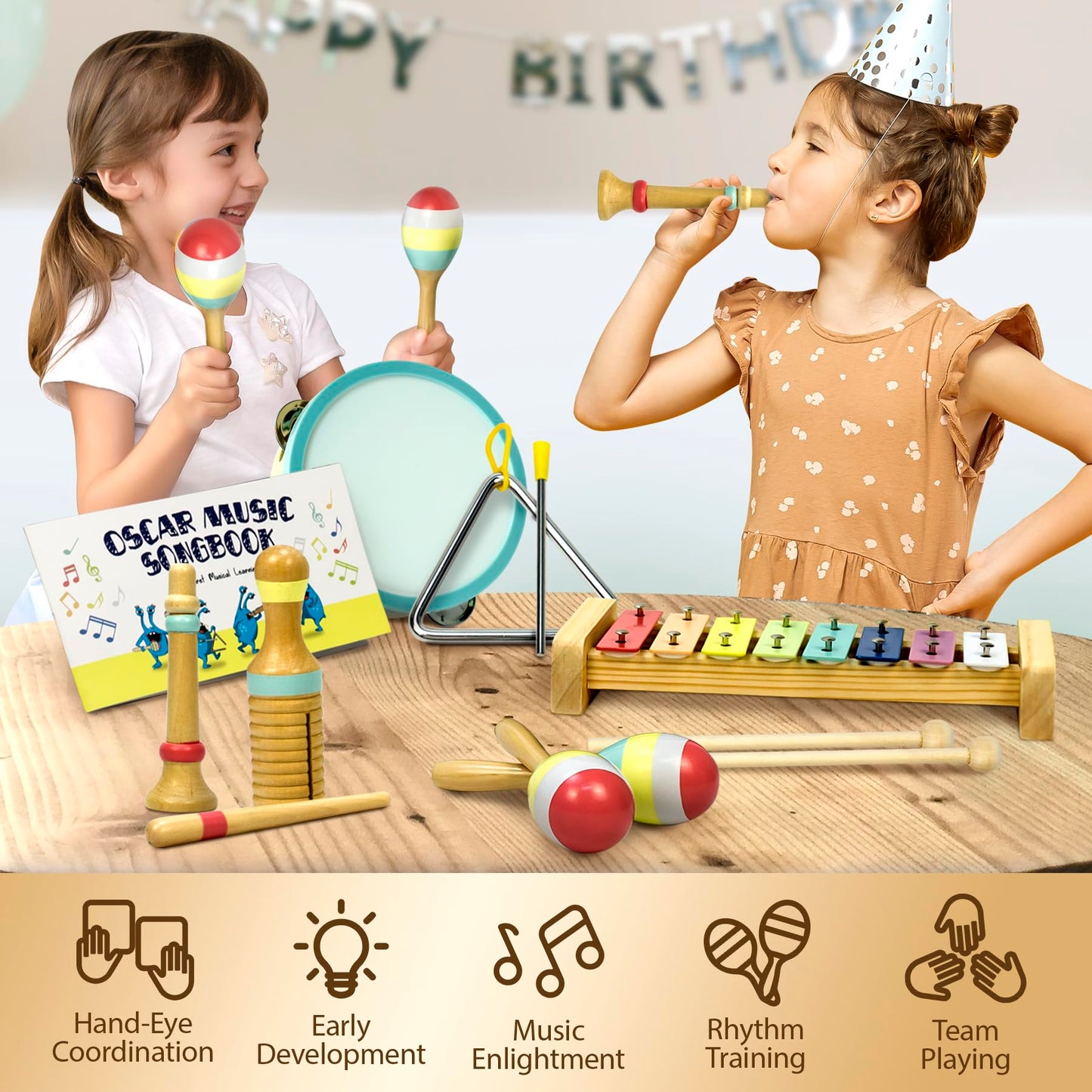 MINIARTIS Musical Instruments Set - Montessori Wooden Toys for Toddlers 1-3 | Modern Boho Baby Xylophone with Songbook | Neutral Colors Percussion Instruments | Kids Preschool Educational