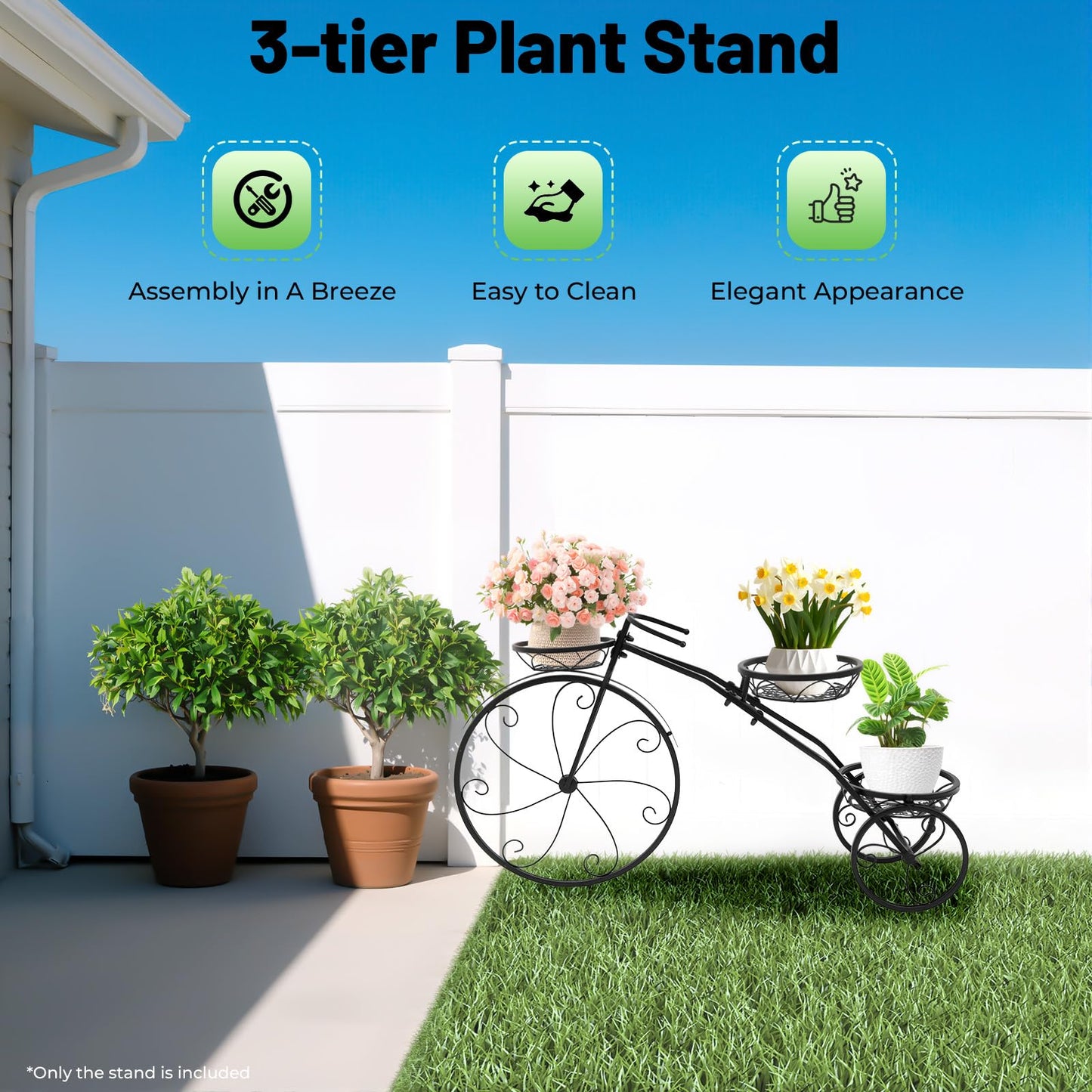 LXYIUTRW Bepritm Tricycle Bicycle Plant Stand, 3 Flower Baskets Flower Pot Cart w/ Wheels, Holder Patio Stand Holder Parisian Style Flower Display Stand Cart for Patio, Deck, Garden or Lawn