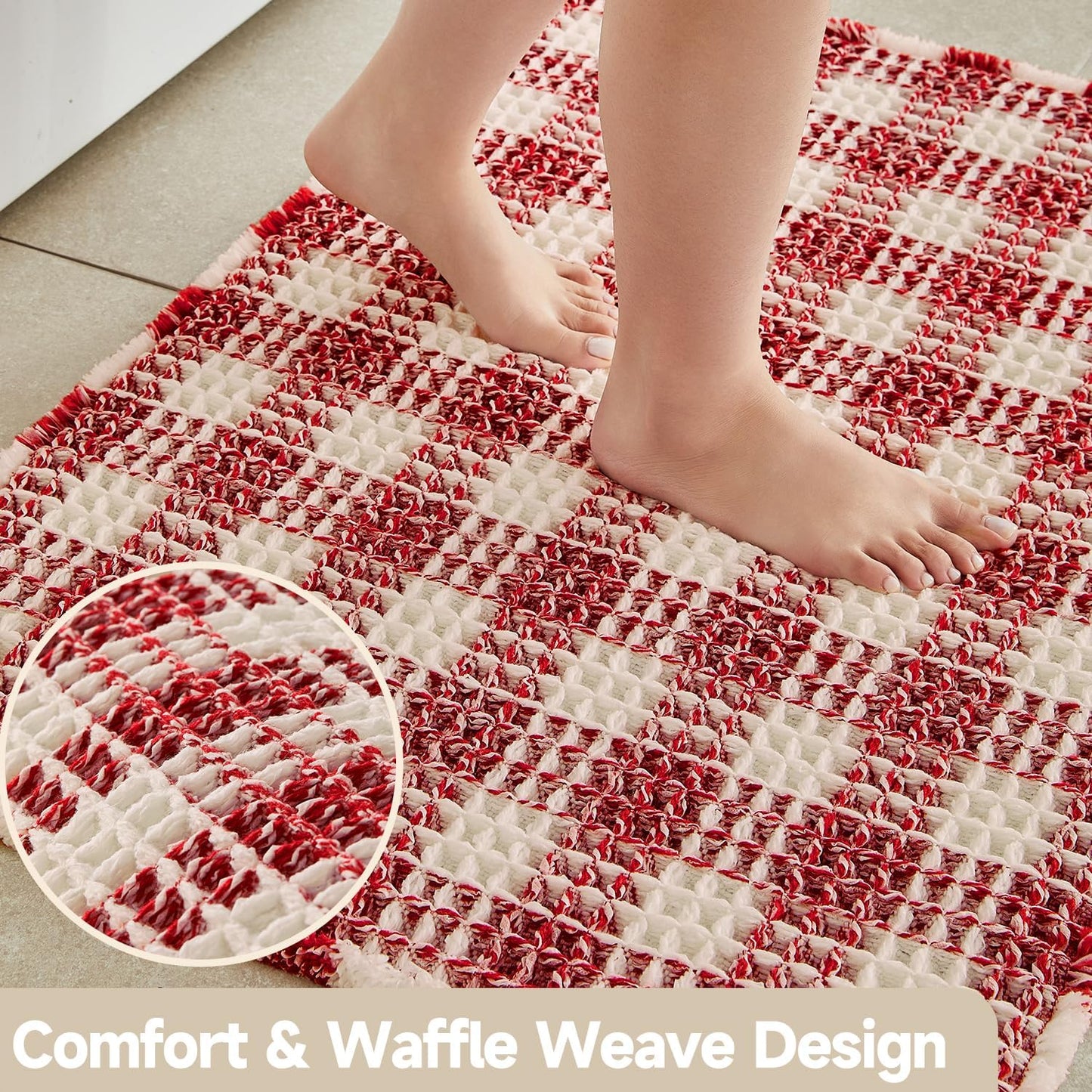Waffle Bath Mat, Boho Christmas Bathroom Rugs Non Slip Washable Absorbent Checkered Bathroom Mat Quick Dry Cute Bath Mat, 36"x24" Red and White