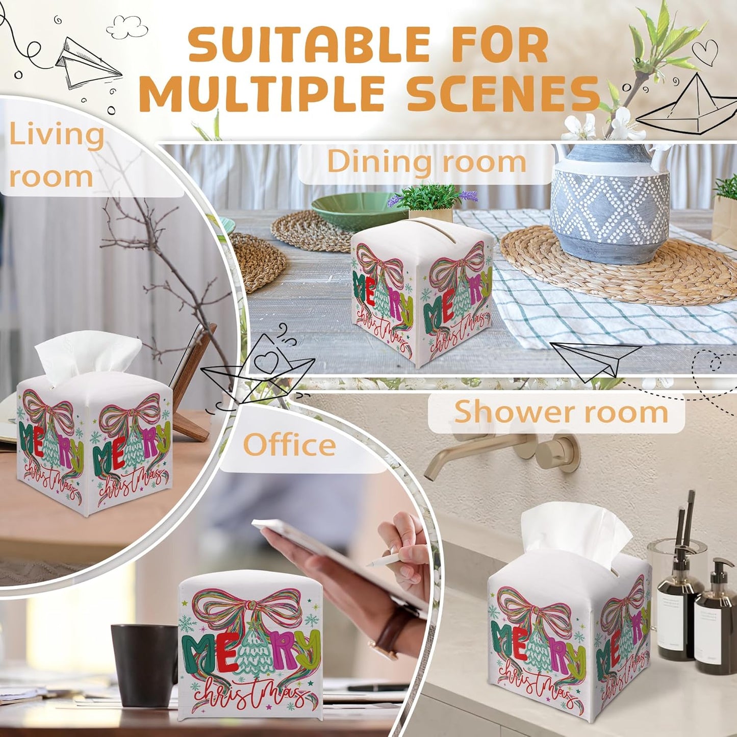 Merry Christmas Tissue Box Holder, Bow Christmas Tree Leather Tissue Box Cover Square, Paper Facial Decorative Tissues Cover for Night Stands Bathroom Kitchen Office Home Decor-B28
