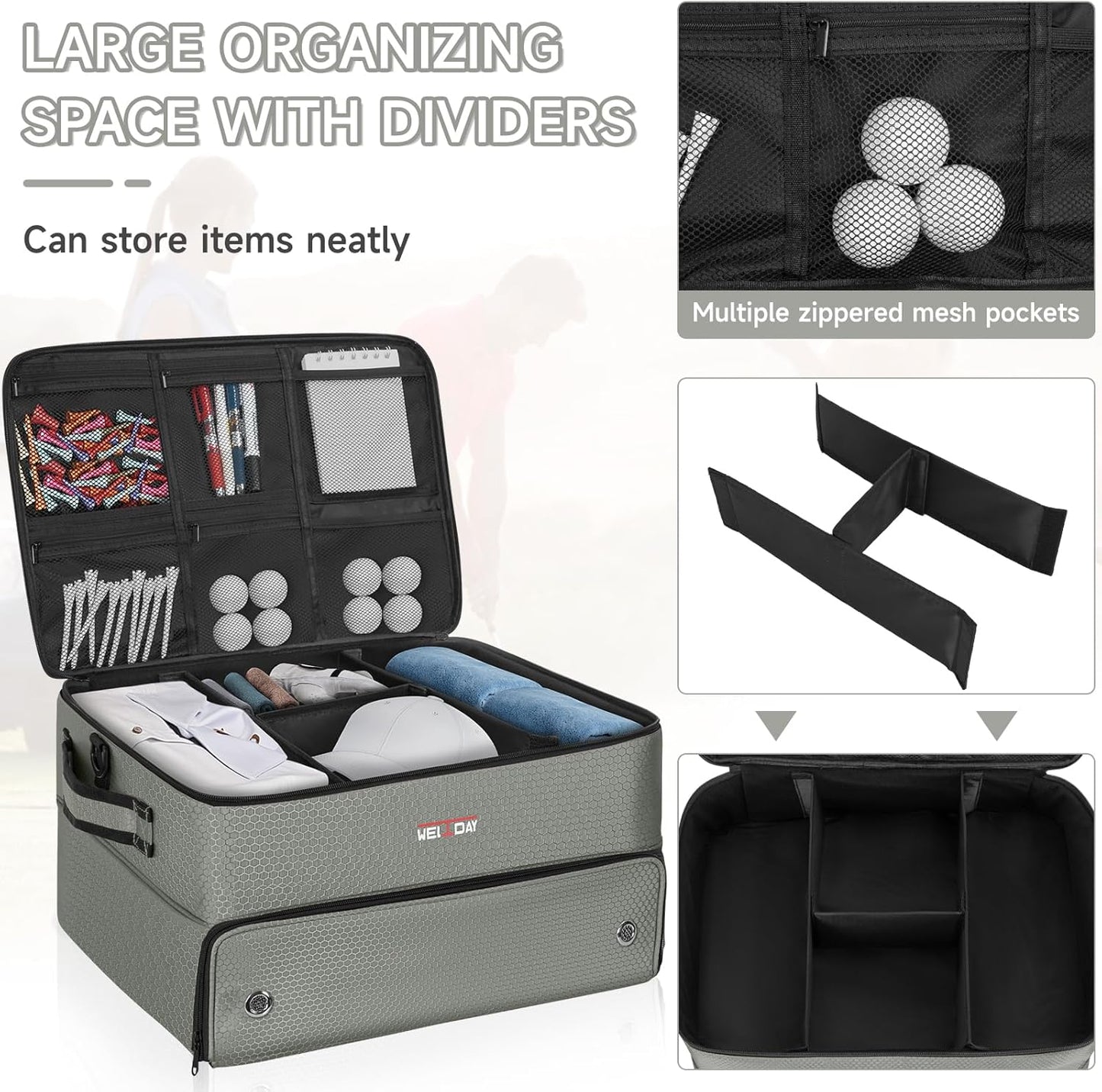 ANILD Golf Trunk Organizer, 2 Layer Golf Storage Case with Separate Ventilated Compartment for 2 Pair Shoes, for Balls, Tees, Clothes, Gloves, Accessories, Golfer Gifts