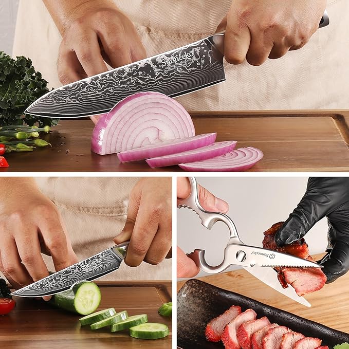 Sunnecko Damascus Kitchen Knife Set 3 Piece, Sharp Chef Knife Set with Kitchen Scissors, Professional Kitchen Knives Sets Full Tang with Gift Box
