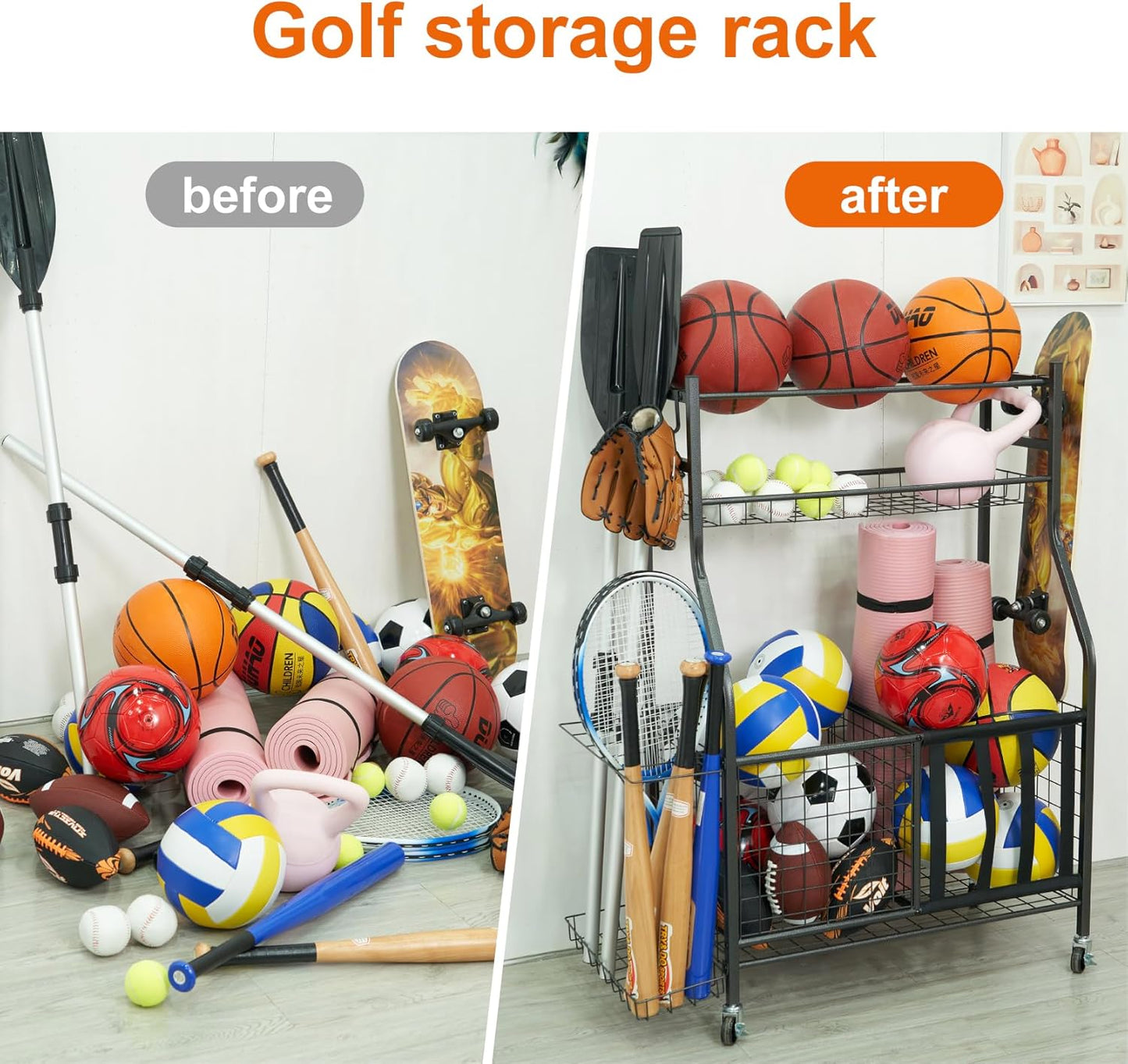 Sinoer Garage Organizer for Sports Equipment - Includes Hooks & Ball Storage Rack, Fits Golf Clubs, Bats, Basketball, Football, Soccer + Toy Storage, Space-Saving Desig