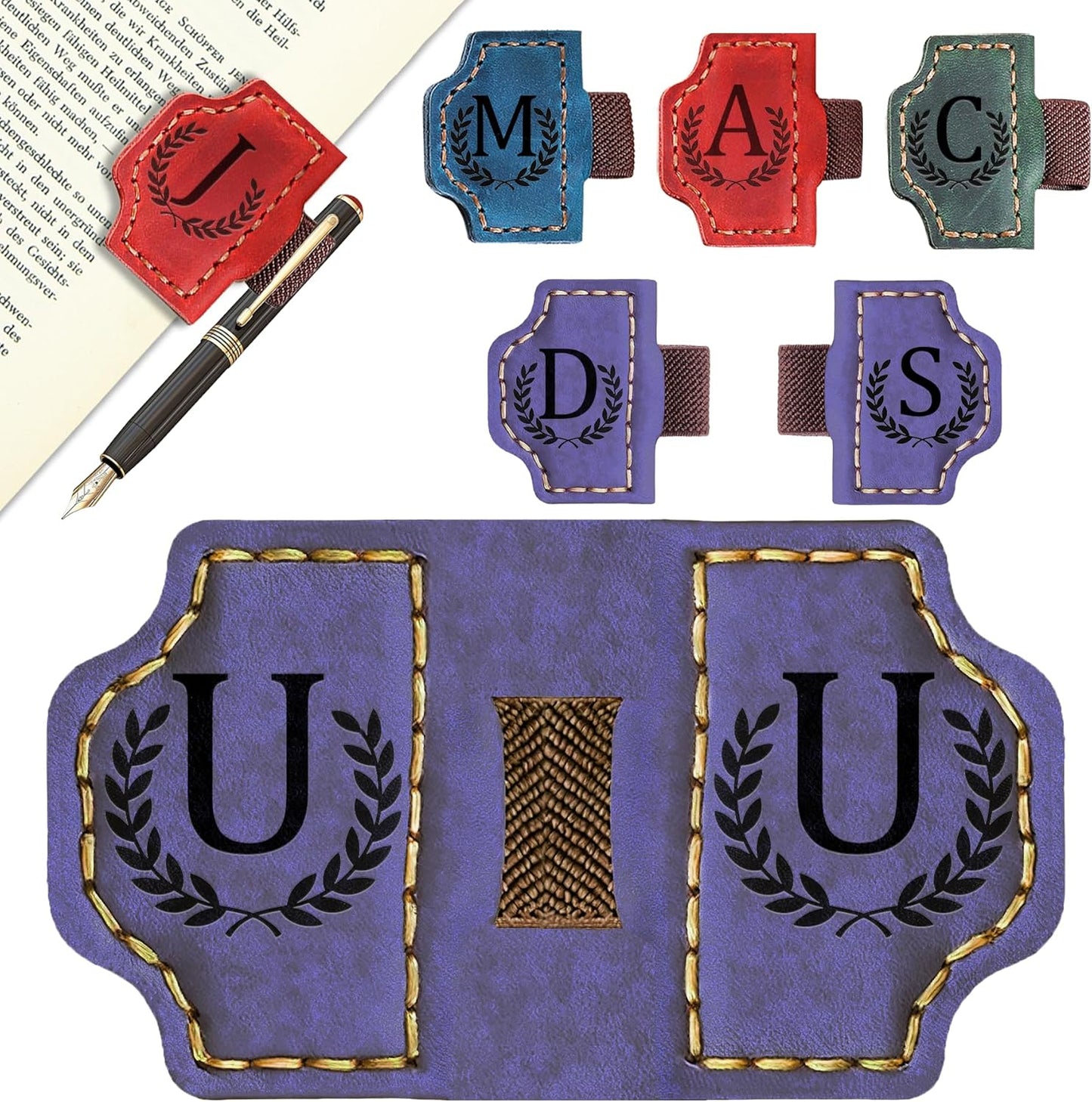 Bygone Mark Bookmark with Pen Holder, 26 Letters Name Initial Personalized Magnetic Bookmarks, Leather Book Mark for Men Women, Travelers Accessories, Teachers Readers Book Lovers Gifts (Purple, U)