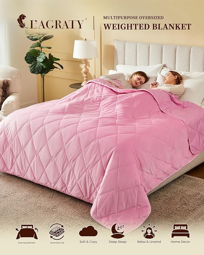 L'AGRATY Queen/King Size Weighted Blanket for Adults 15lbs, 80"x87" — Cooling Breathable Heavy Blanket with Glass Beads for Sleeping Perfect Hot Sleepers & Couples Machine Washable All-Season Pink