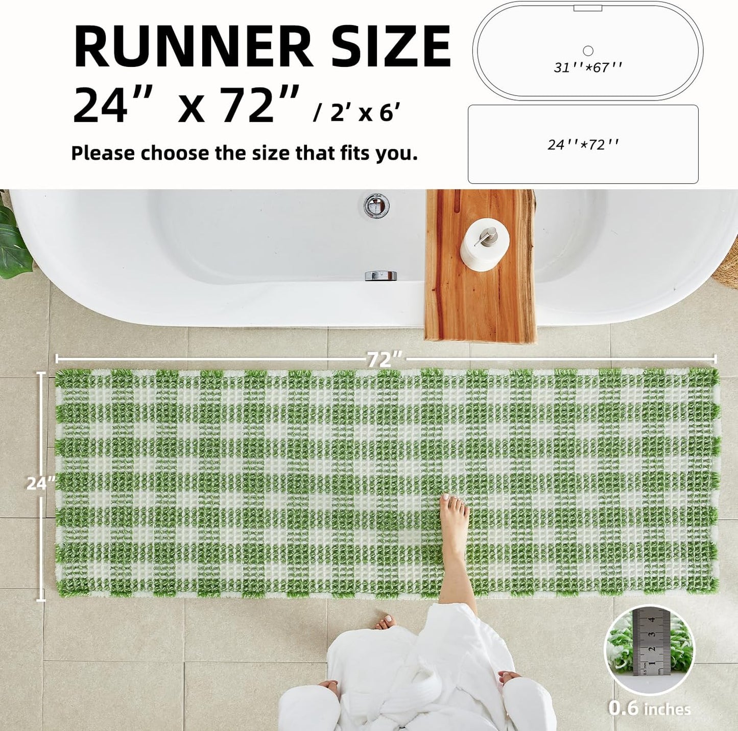 Waffle Runner Rug Bathroom, Long Boho Bathroom Rugs Non Slip Washable Absorbent Checkered Bathroom Mat Quick Dry Cute Bath Mat, 72"x24" Green and White