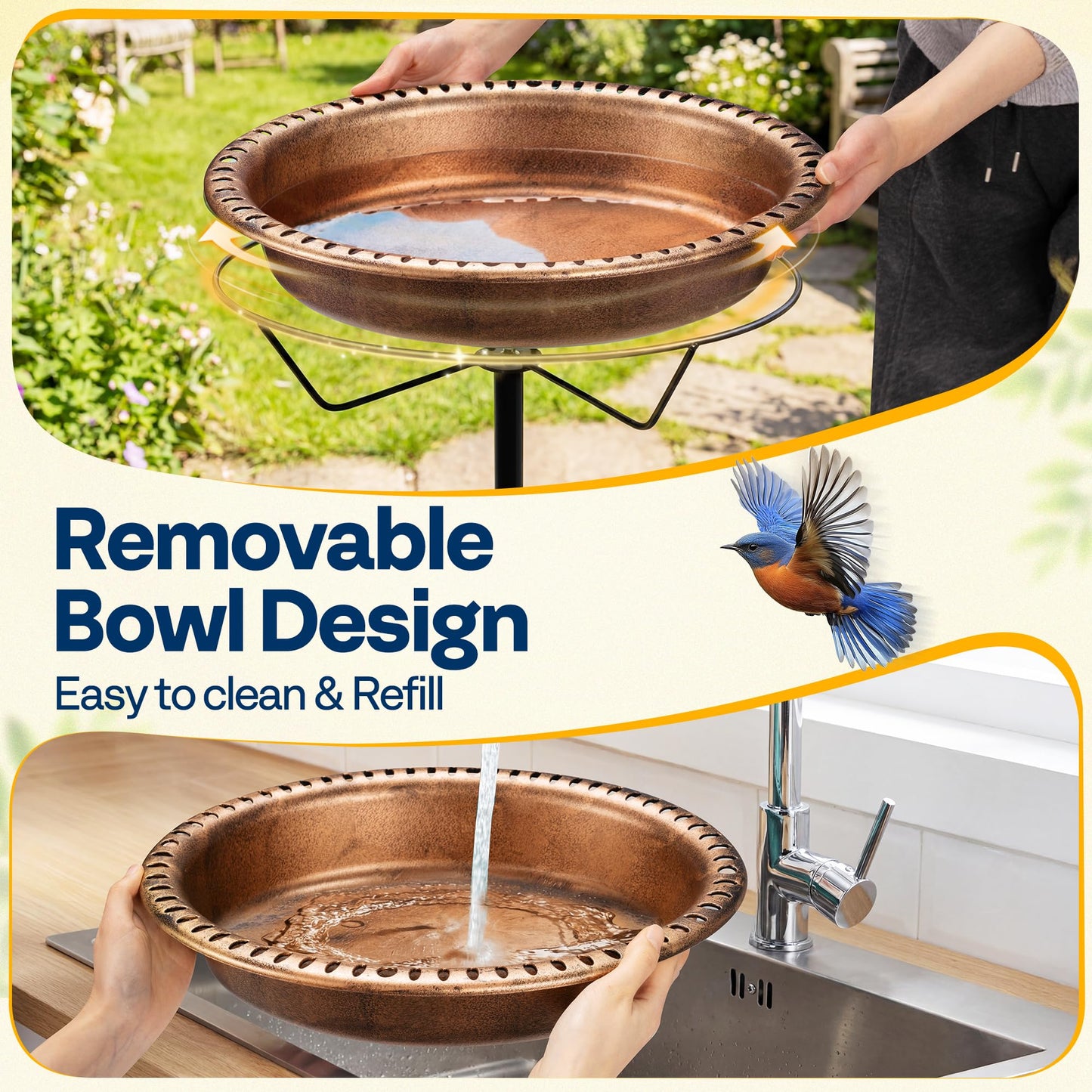 VIVOHOME Oval Bird Bath with Solar Fountain for Outside, Weather-Resistant ABS Birdbath Bowl with Solar Powered Pump, Metal Ground Stake for Outdoor, Garden, 1.3 Gallons, Bronze