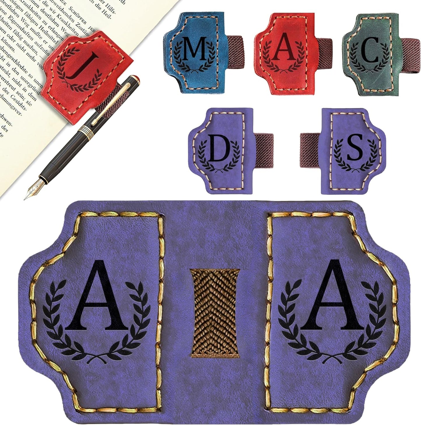 Bygone Mark Bookmark with Pen Holder, 26 Letters Name Initial Personalized Magnetic Bookmarks, Leather Book Mark for Men Women, Travelers Accessories, Teachers Readers Book Lovers Gifts (Purple, A)