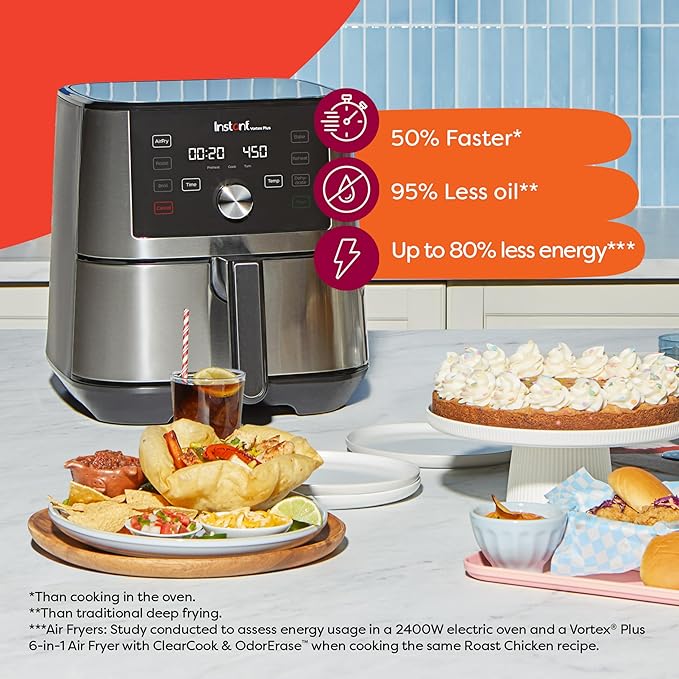 Instant Pot 6QT VORTEX Plus Air Fryer, 6-in-1, Air Fry, Broil, Dehydrate, Crisp, Roast, Reheat, Bake, Dishwasher-Safe Airfryer basket, from the Makers of Instant Pot, Stainless Steel
