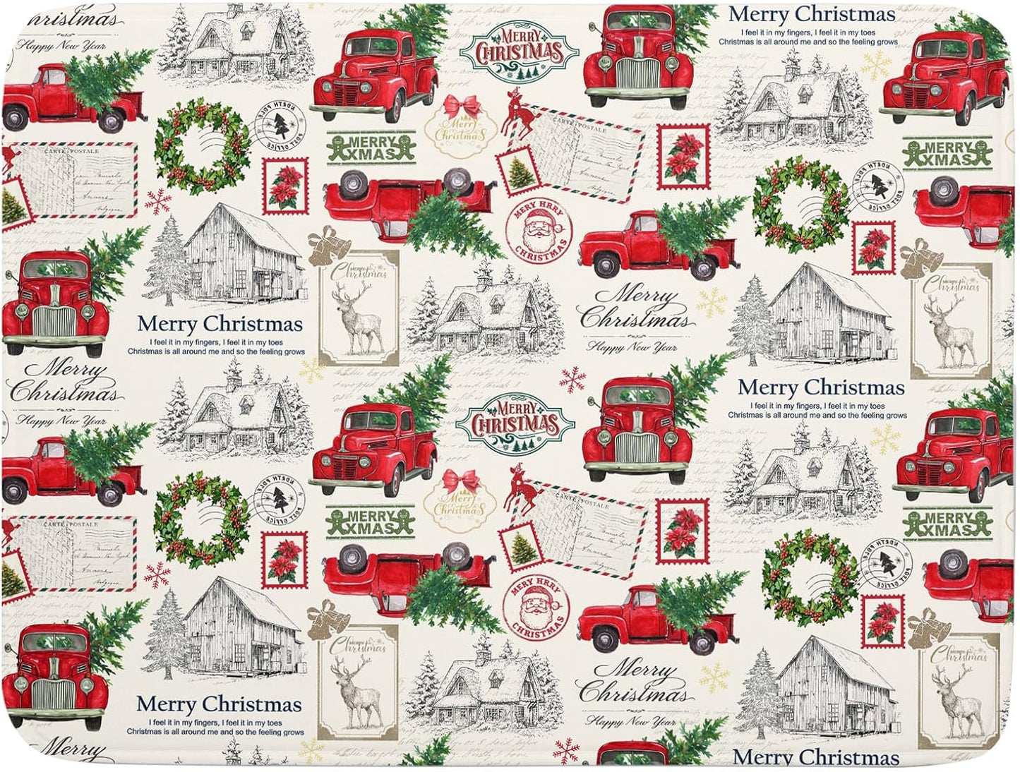 Christmas Red Truck Dish Drying Mat for Kitchen Counter Vintage Xmas Theme Drying Mat 18x24 Inch Winter Holiday Absorbent Dish Drainer Mat Christmas Kitchen Accessories