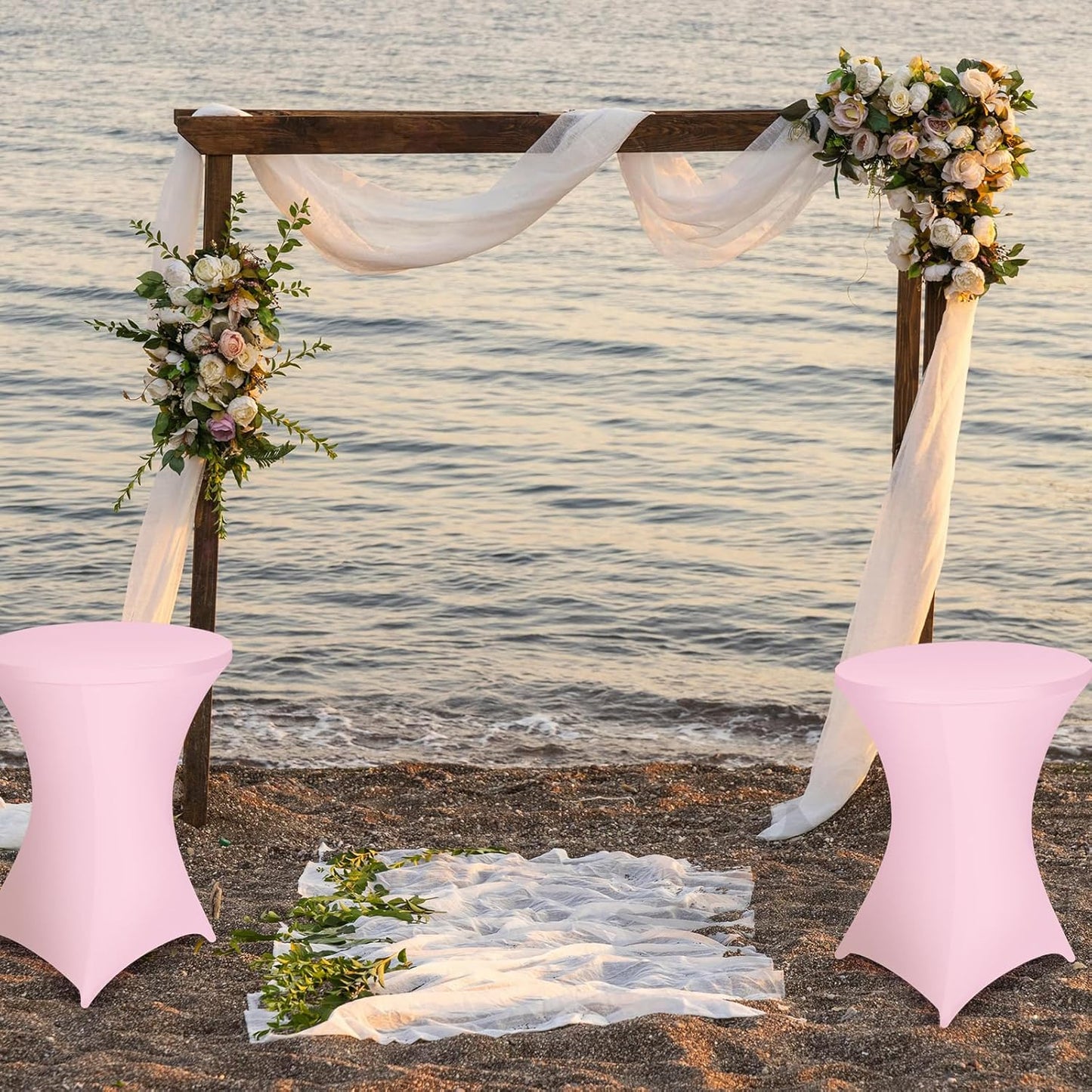 Wenqik 2 Sets 32" High Top Round Folding Cocktail Tables White Bar Height with Removable Legs & 32"x43" Spandex Stretch Table Covers (Pink)