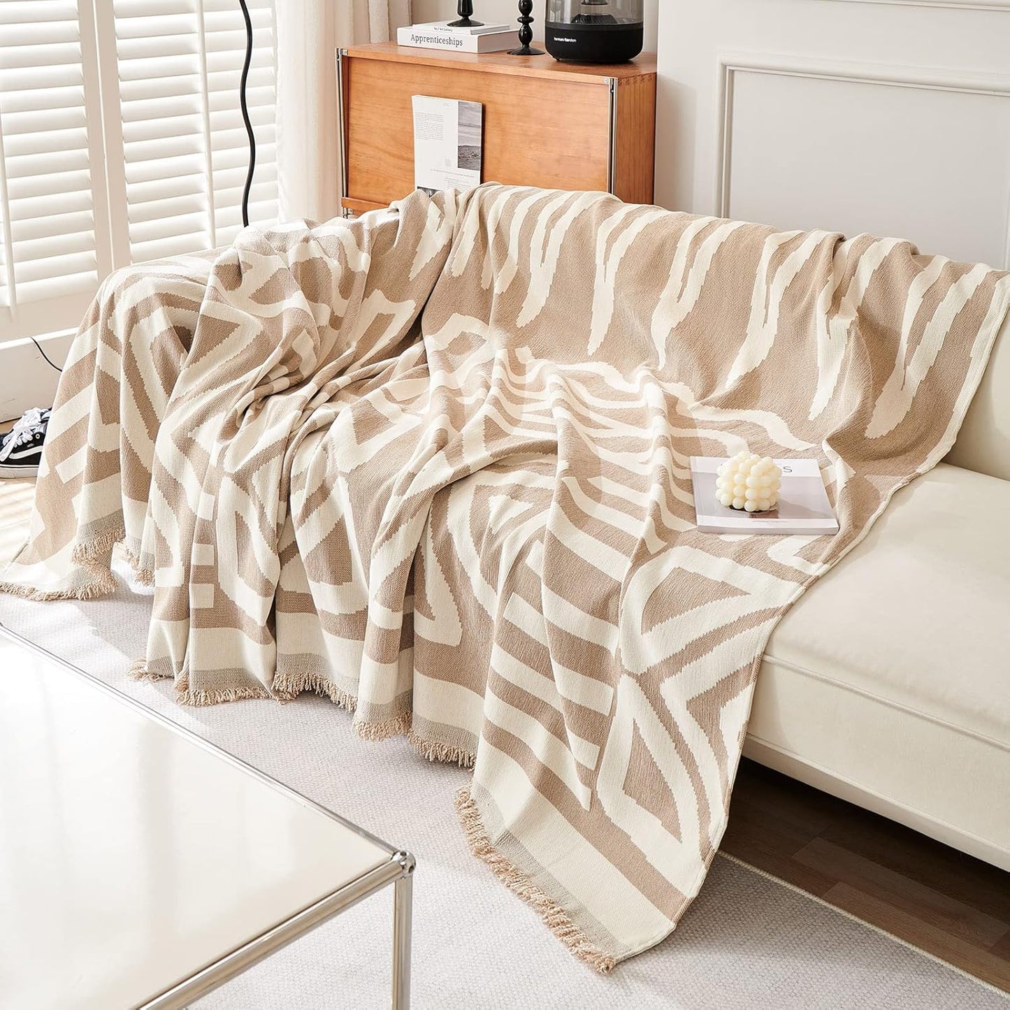 VM VOUGEMARKET Boho Couch Cover for 2 Cushion Chenille Sofa Cover Dog Proof Geometric Loveseat Sofa Slipcover L Shaped Sofa Furniture Protector with Tassels Sectional Couch Cover-71 x 118,Khaki