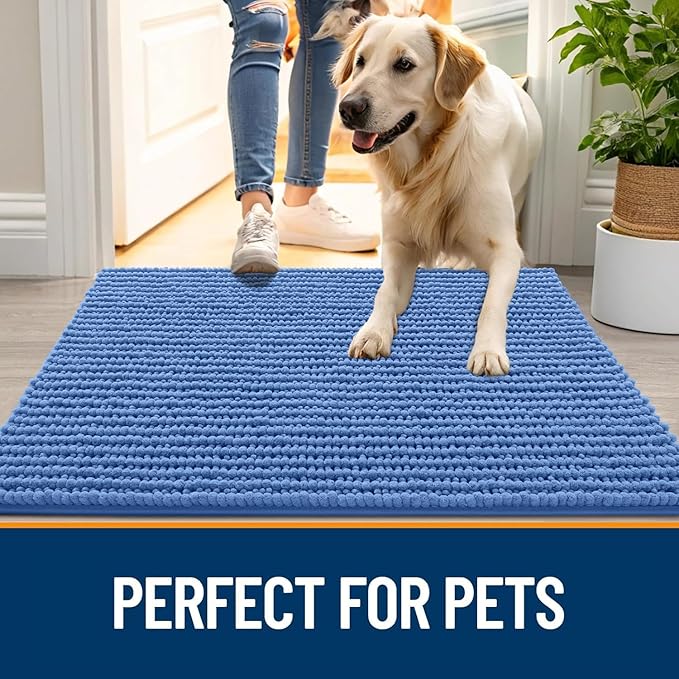 OLANLY Dog Door Mat for Muddy Paws 70x24, Ultra Absorbent Chenille Mud Doormat, Non-Slip Washable and Dirt Trapping Doormat for Indoor Entryway, Quick-Dry Indoor Pet Bed Mats for Dogs, Cornflower Blue