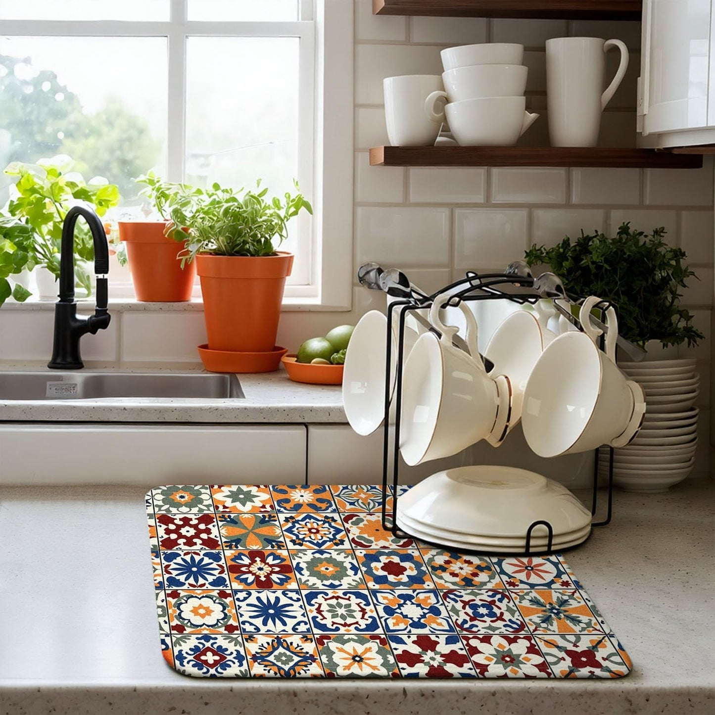 Mexican Tiles Drying Mat 16" X 18" Vintage Kitchen Counter Stone Dish Drying Mats For Kitchen Counter Xmas Drying Mats For Home Counter Drying Mats For Dishes Dish Table Mat Drying Mat
