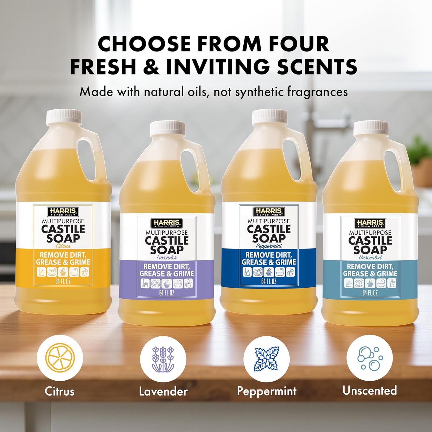 HARRIS Multi-Purpose Pure Liquid Castile Soap for Home Cleaning, Multi-Purpose Cleaner, For Dish Soap, Laundry Detergent, Kitchen and Bathroom Surfaces, Kids Rooms, Unscented, 64 Oz