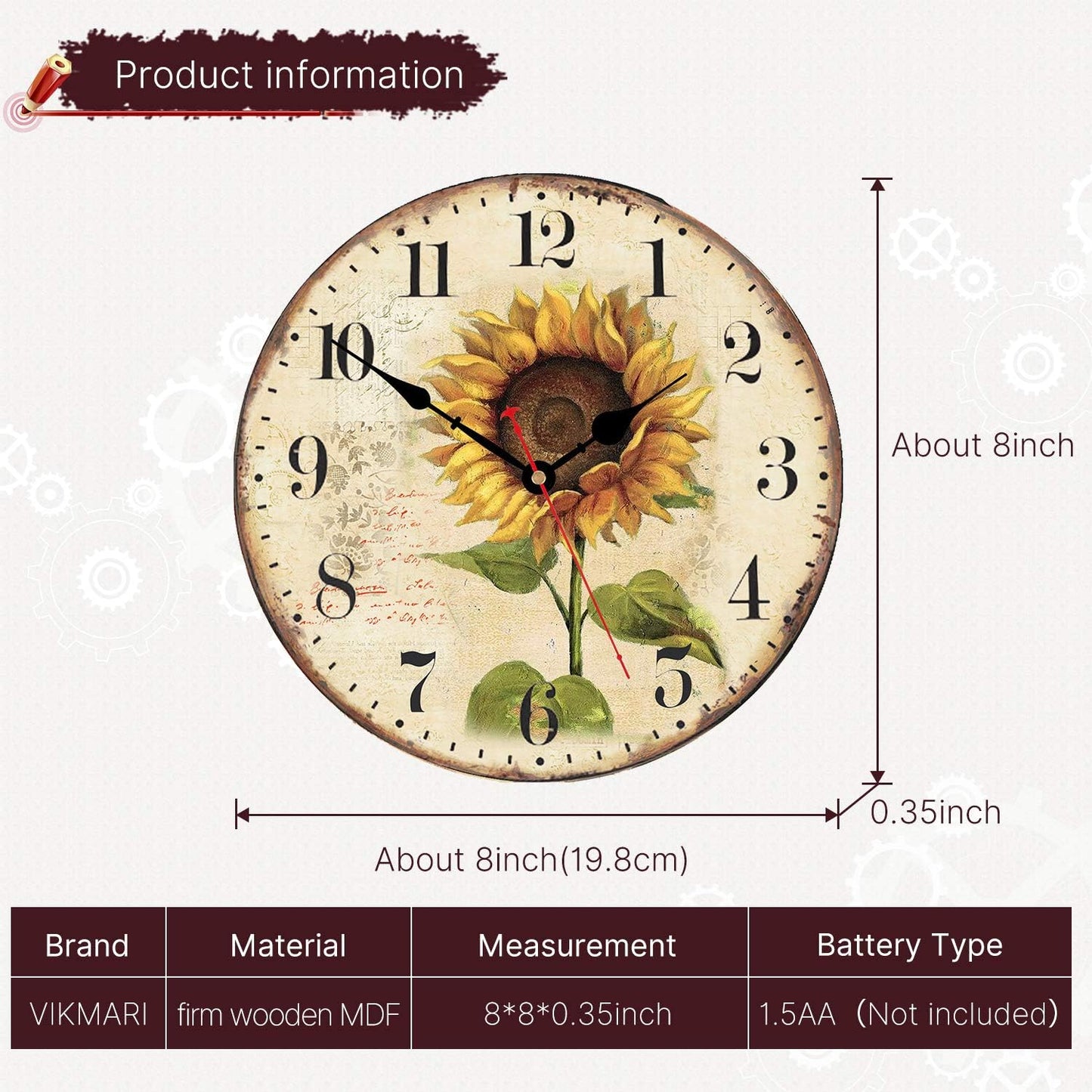 VIKMARI Sunflower Wall Clock Silent Non Ticking - 8 Inch Wooden Quality Quartz Battery Operated Round Wall Clocks for Home/Office/Classroom/School/Kitchen