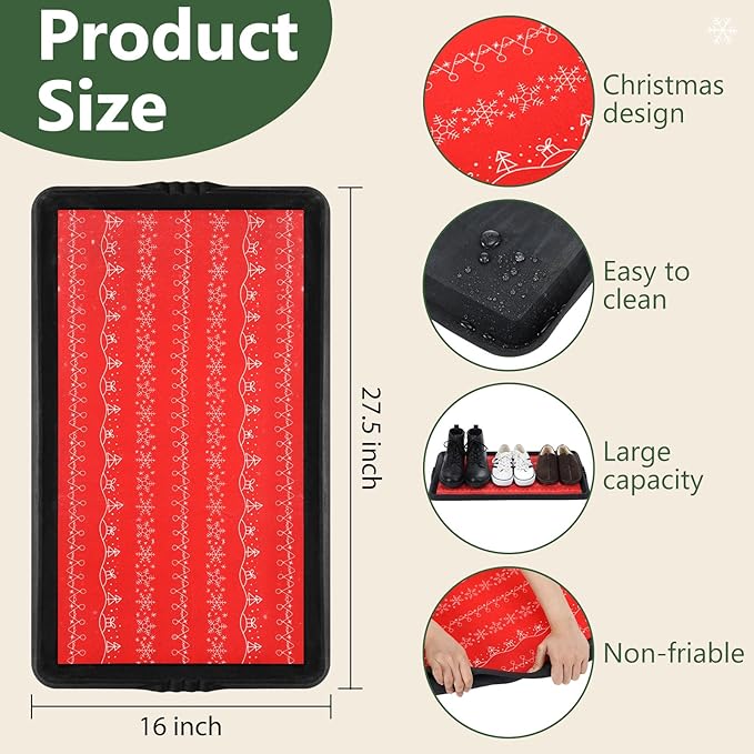 Maxdot Christmas Boot Tray Rubber Holiday Shoe Mat Tray with Festive Print 16" X27.5" Waterproof Rubber Shoe Mat for Entryway Indoor Outdoor Use with Raised Edge Christmas Decor (1 Pack)