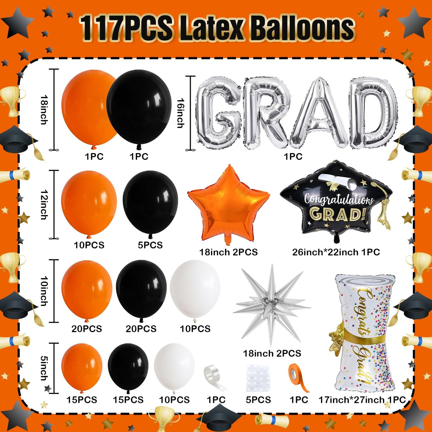 Orange Graduation Balloons Garland Arch Kit, 117PC Orange Black White Graduation Star Print Certificate Grad Foil Balloon with Silver Explosion Star Balloon for Graduate Class of 2026 Prom Party Decor