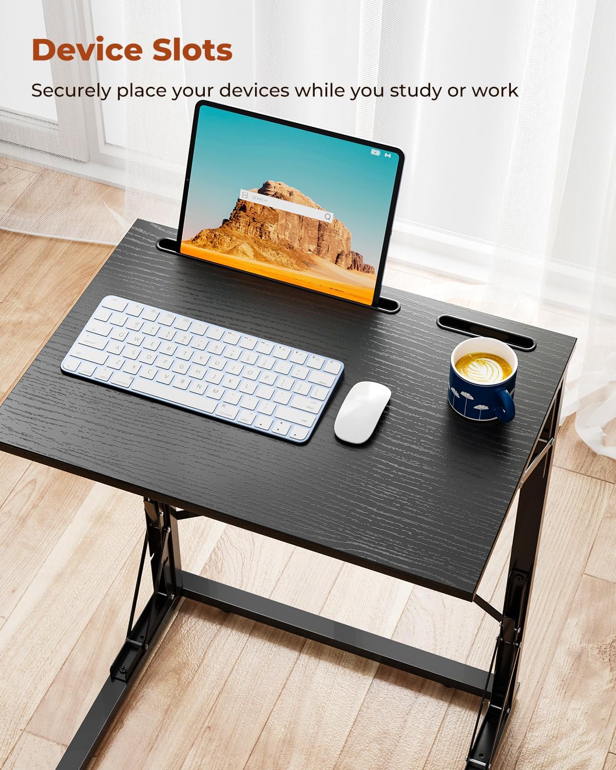 21''Wx28''H Folding TV Tray Set of 2, Small Foldable C-Shaped Tray Table for Eating with Tablet and Phone Slots, Slide Under Couch Side Table for Recliner, Living Room, Bedroom, Black