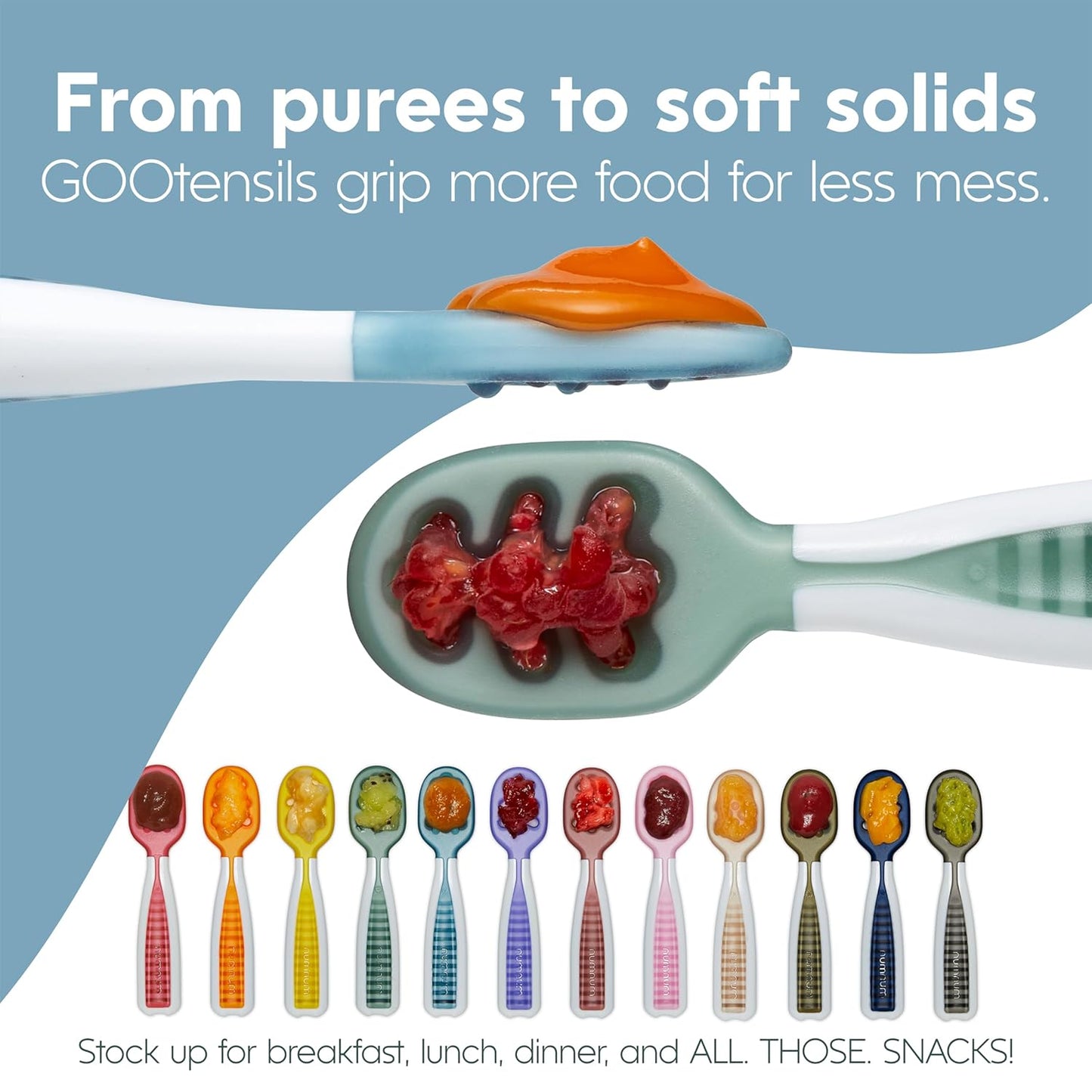 NumNum Baby Spoons Set, Baby Essentials Pre-Spoon GOOtensils for 6+ Months, First Stage Self-Feeding Spoons for Baby Led Weaning (BLW), Silicone Toddler Utensils, BPA-Free, 2 Pack Red/Yellow