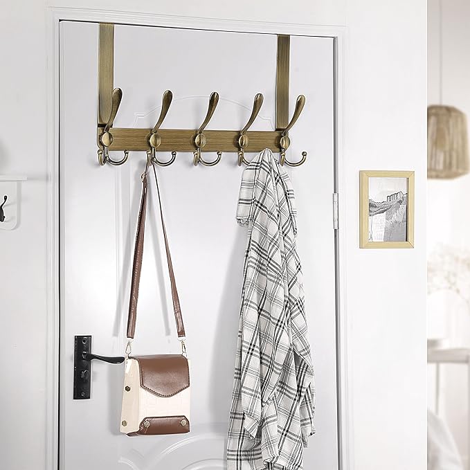 Dseap Over The Door Hook Hanger - 5 Tri Hooks, Heavy Duty Over The Door Towel Rack Coat Rack for Clothes Hat Towel,Bronze