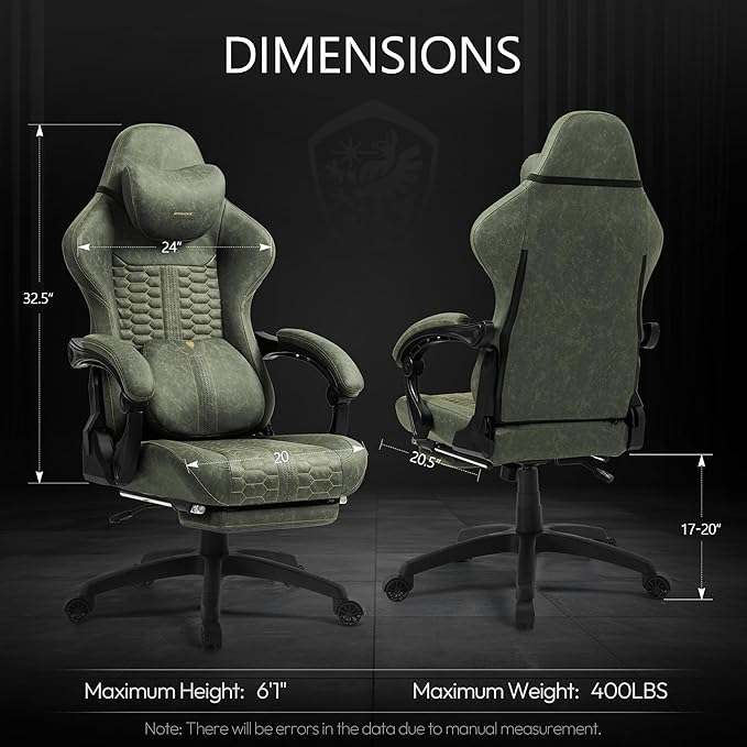 Dowinx Gaming Chair for Adults with Dual-Point Massage, Ergonomic Racing Style Game Chair Footrest, High Back Computer Chair 360° Swivel for Office,400LBS, Green