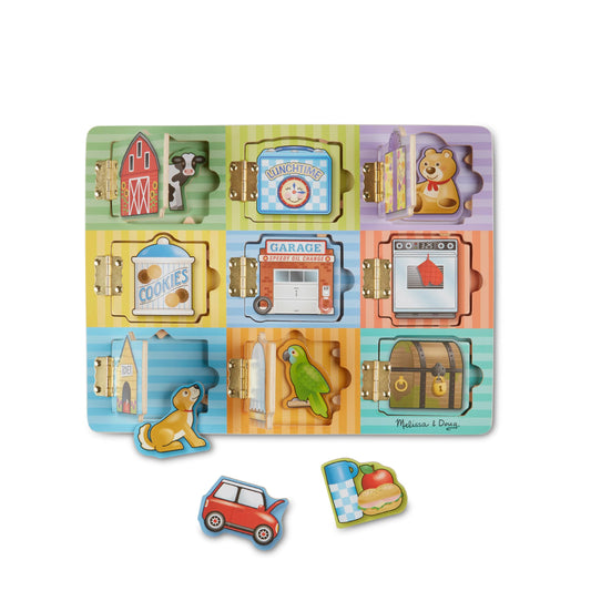 Melissa & Doug Wooden Hide & Seek Activity Board – Montessori Busy Board with Hinges, Doors & 9 Wooden Magnetic Puzzles, Educational Preschool Learning Toy for Toddlers & Kids Ages 3+