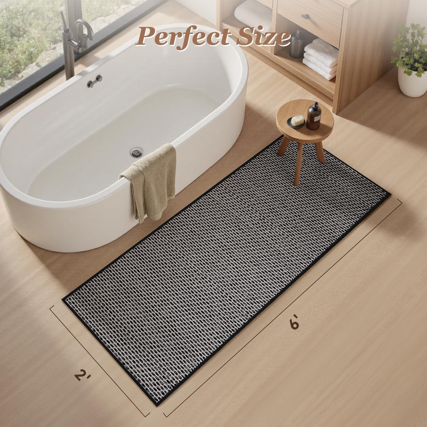 AMOAMI Unique Woven Bathroom Runner Rug, Super Absorbent Non Slip Bath Mats for Bathroom Textured Bathroom Mat Quick Dry Boho Rugs Runners for Hallyways Kitchen Bedroom Beside Tub, 2' x 6', Black