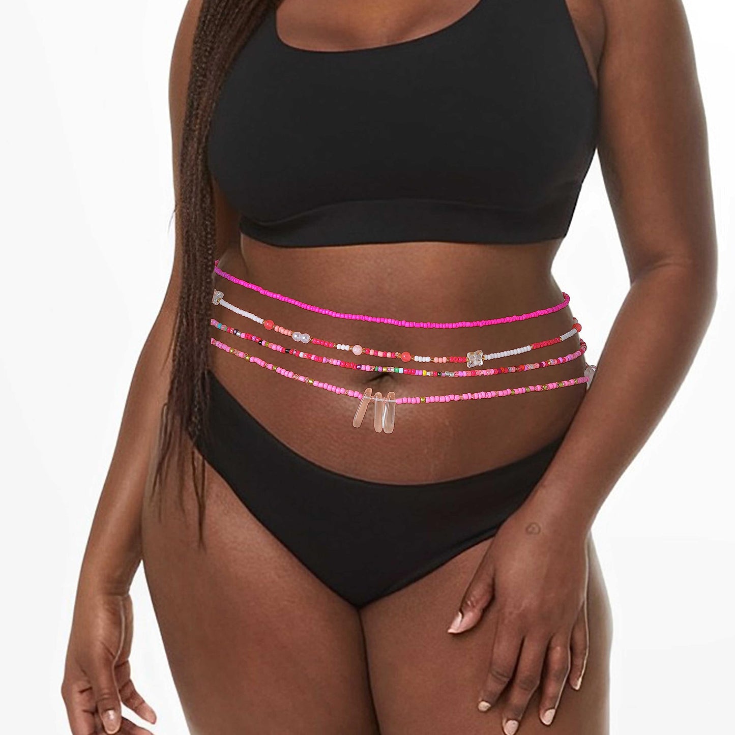ELABEST 24-39inch African Waist Beads for Women 8Pcs Elastic Belly Beads Colorful Beaded Waist Jewelry Accessories Body Chain (Pink, 31.5inch/80cm)