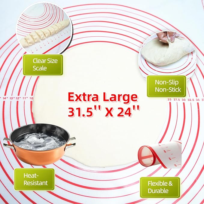 Extra Large 31.5'' x 24" Silicone Baking Mat for Rolling Dough & Pastry – Non-Stick, Heat-Resistant Kitchen Counter Protector – Dishwasher Safe, Easy Clean (XXL-31.5'' X 24'')