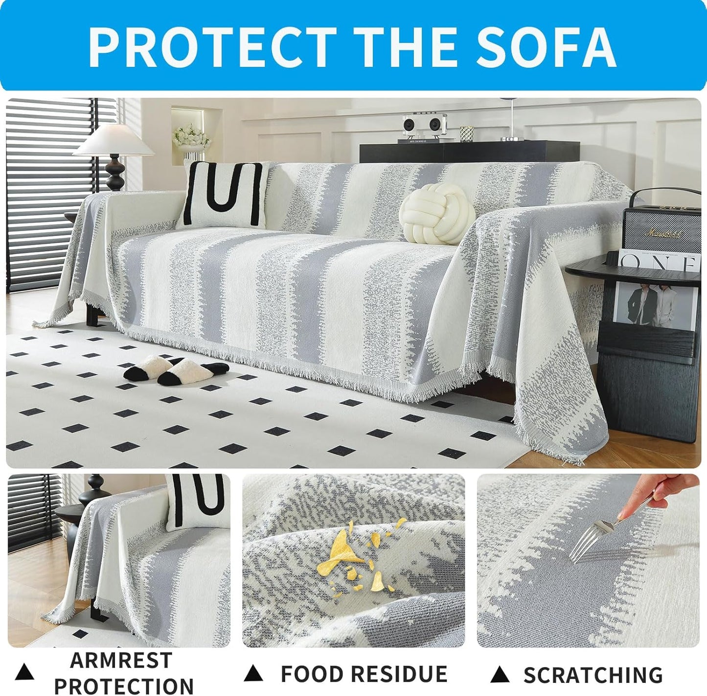 LUFEIJIASHI Boho Couch Covers for Sofa Non Slip Sofa Covers Washable Couch Covers for 3 Cushion Couch Sofa Pet Friendly Sectional Couch Cover Blanket Furniture Protector for Dogs (Grey, 71"x150")
