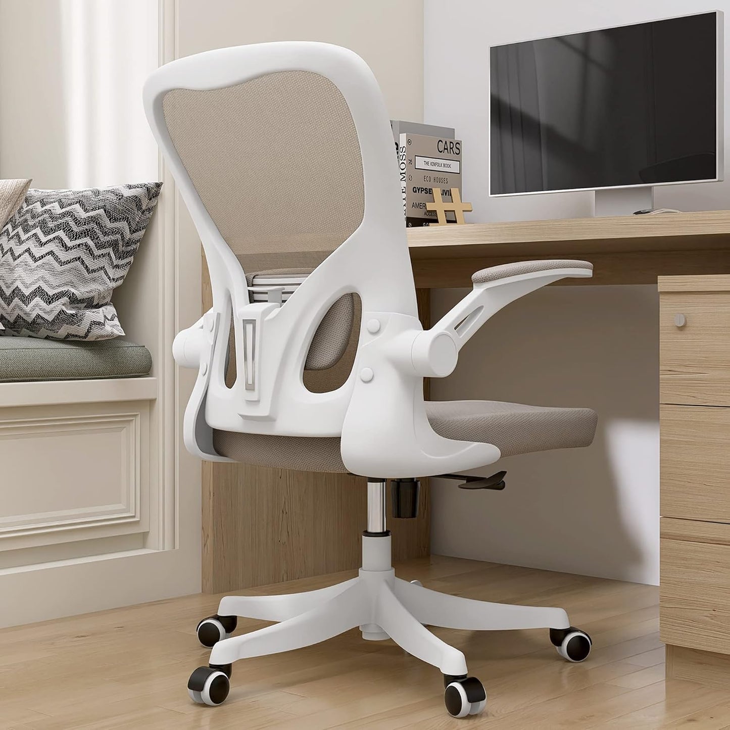 Monhey Office Chair Ergonomic Desk Chair with Lumbar Support&Headrest&Flip-up Arms Height Adjustable Rocking Swivel High Back Computer Chair Warm Taupe Mesh Study Chair (01Khaki)