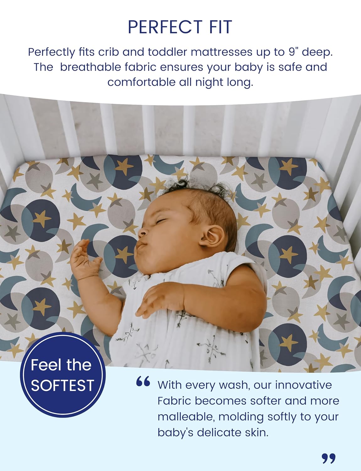 TotAha Space Crib Fitted Sheet, Super Stretchy Jersey Star Crib Sheets, Buttery Soft Boy Crib Mattress Sheets, Ultra Breathable Baby Bed Sheets 28x52x9 Extra Deep Pocket, 2 Pack
