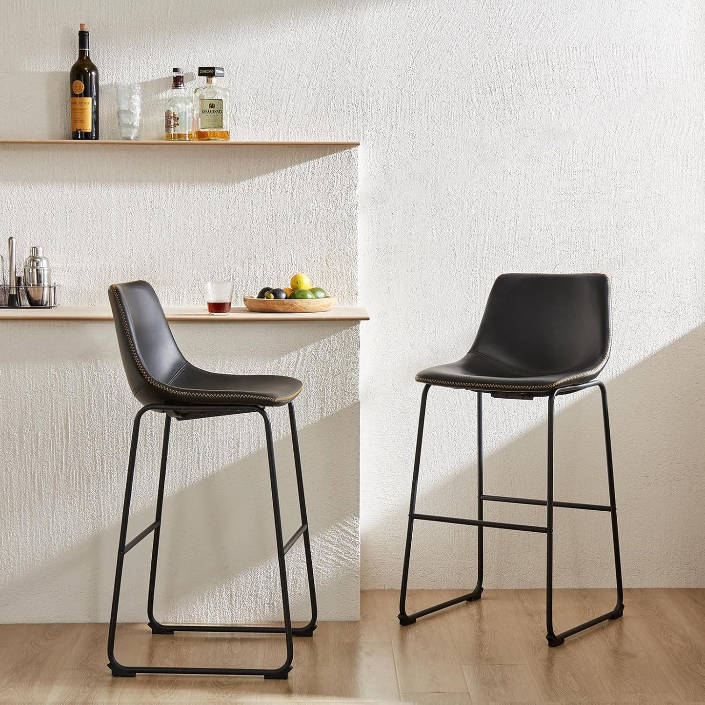 DUMOS 30 Inch Counter Height Bar Stools Set of 2, Modern Faux Leather High Barstools with Back and Metal Leg, Bar Chairs for Kitchen lsland, Elegant Black