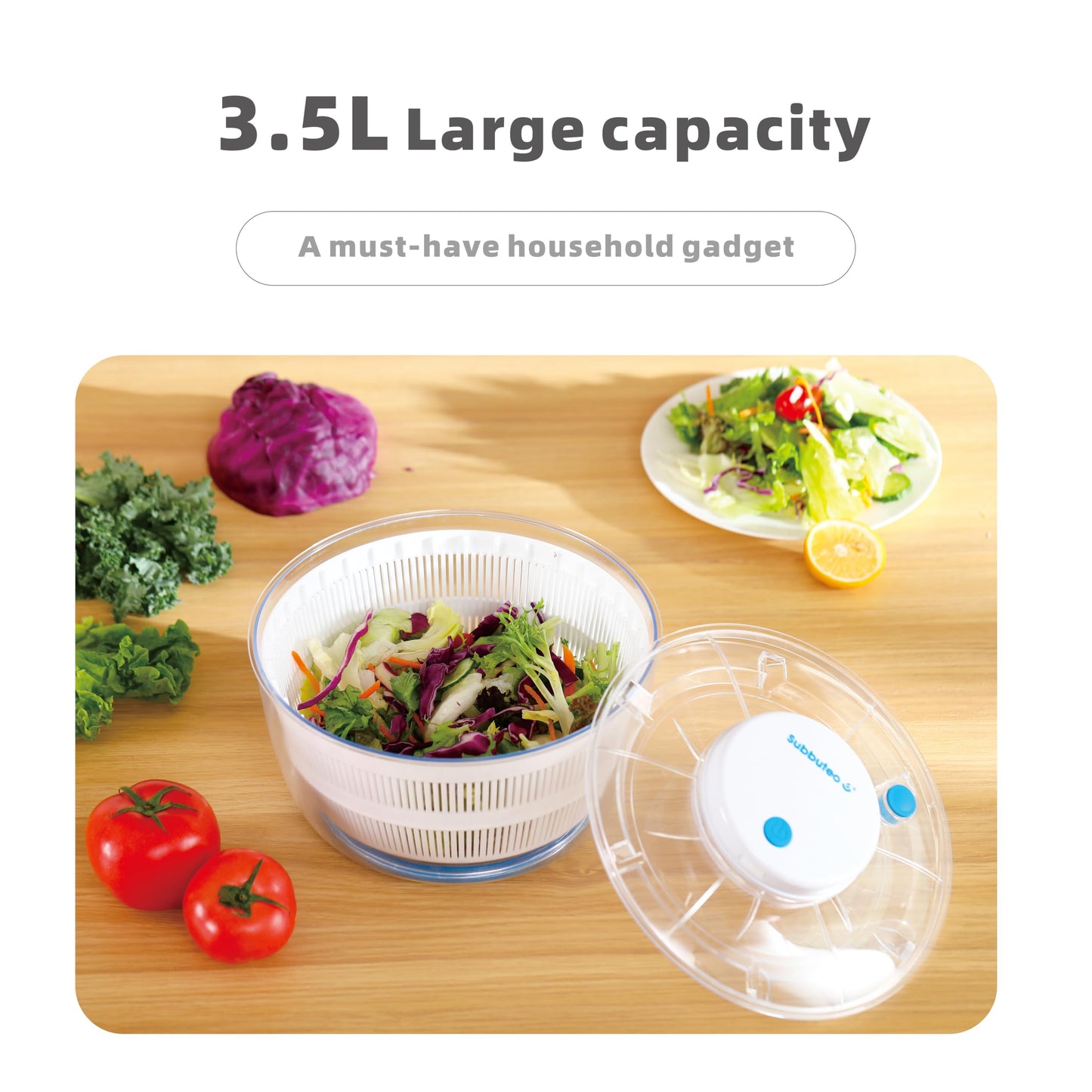 Subbuteo Electric Salad Spinner 4Qt – Rechargeable Lettuce Washer & Vegetable Dryer with 2+ Month Battery Life, Type-C, Detachable Parts, Spin Dry Kitchen Gadget for Greens Herbs Berries