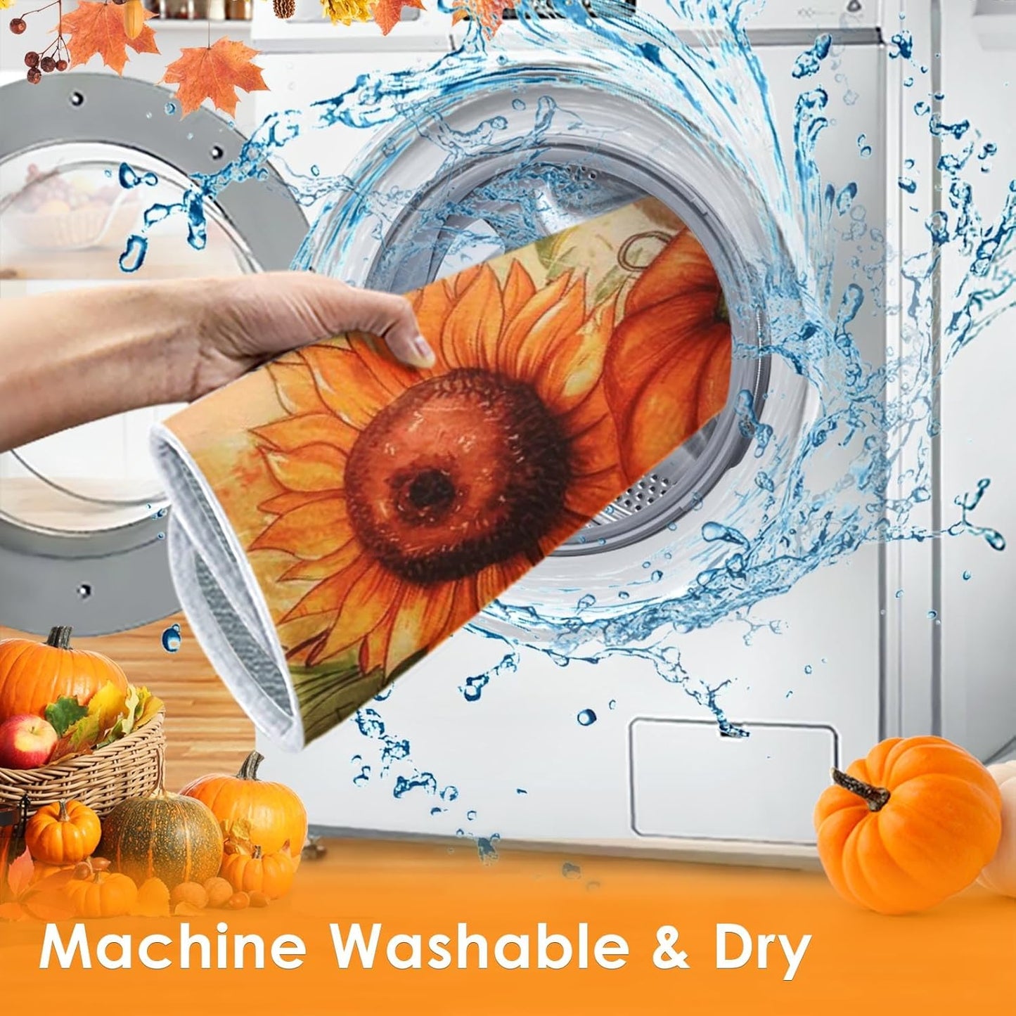 Sanwarm Absorbent Dish Drying Mat, Hello Pumpkin Flower Tree Microfiber Pad for Kitchen Counter, Vintage Fall Leaves for Coffee Bar Decor, Heat Resistant and Reversible, 16" x 18"