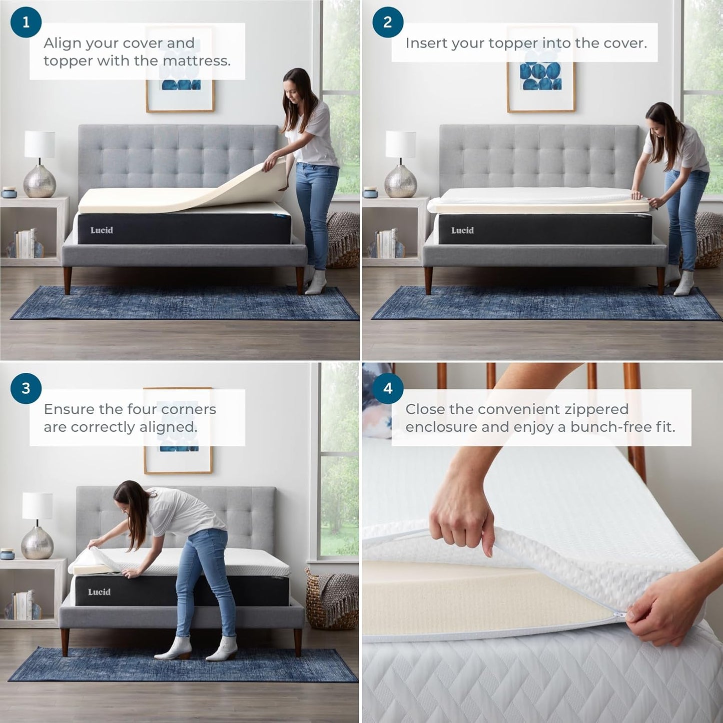 LUCID 2 Inch Traditional Foam Topper and LUCID Zippered Enclosure Mattress Topper Cover, Full