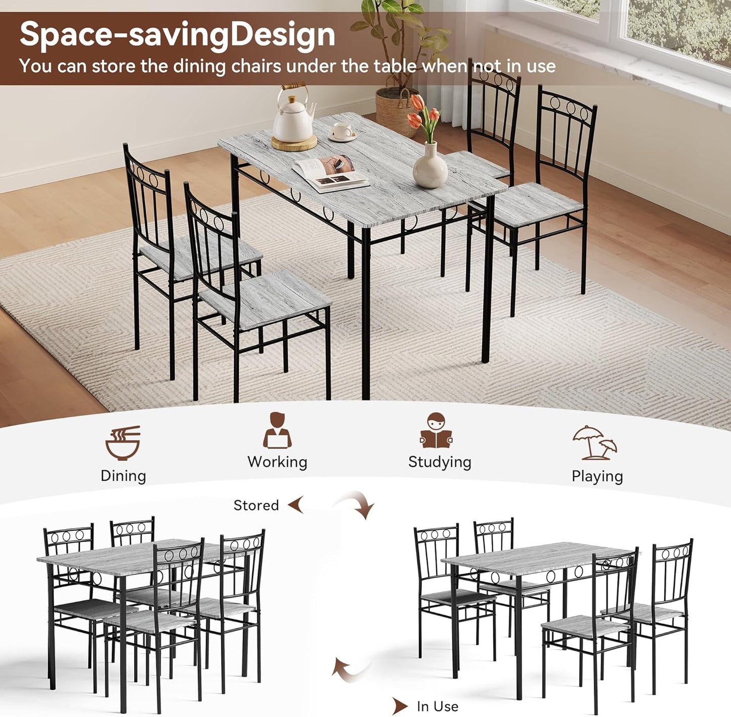 Vipbear Kitchen Dining Table Set for 4, 5-Piece Kitchen Table Set,Dining Room Table Sets,Rectangular Kitchen Table Set with 4 Chairs for Small Space, Dinette,Apartment,Rustic Grey
