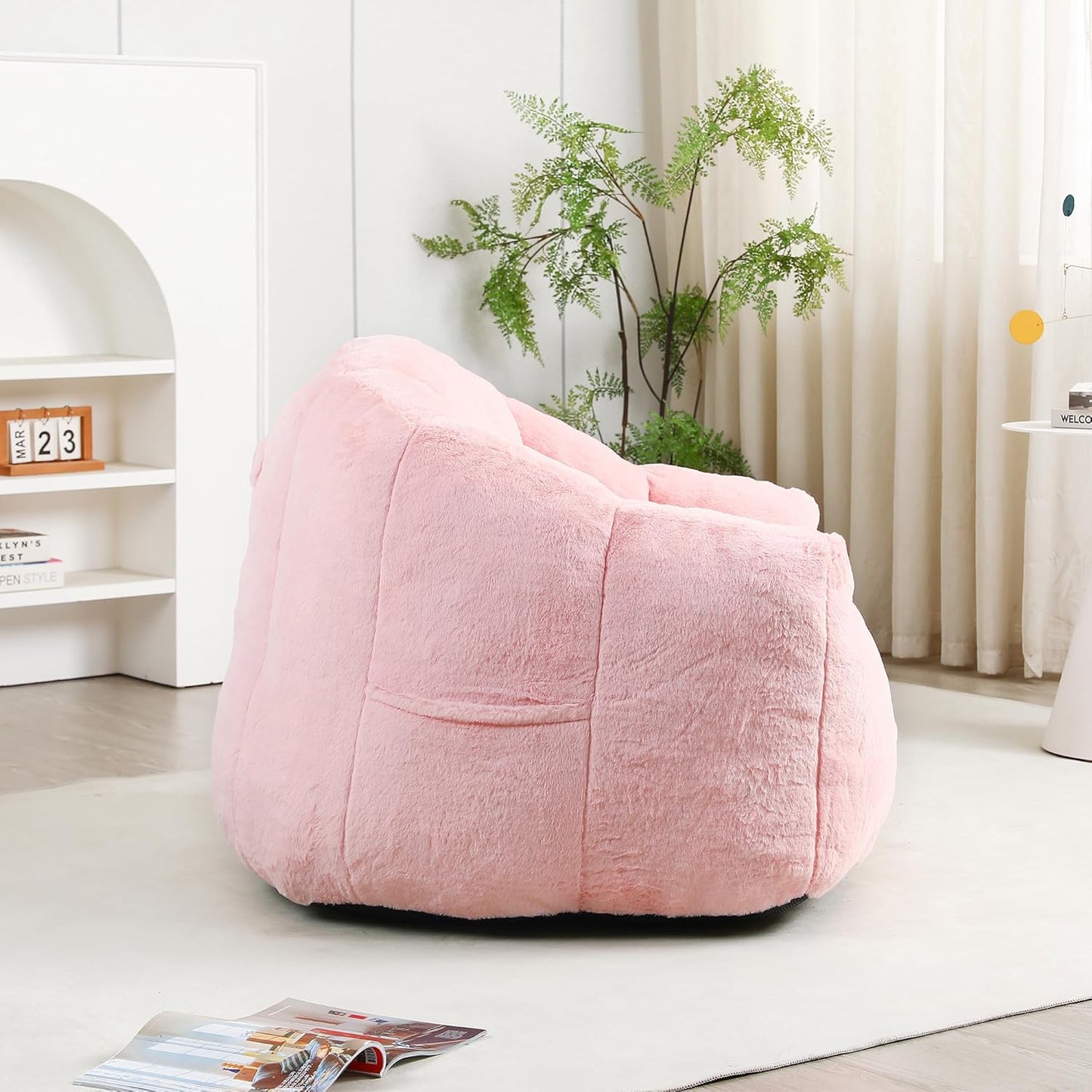 Furniliving Bean Bag Chair, Giant Bean Bag Chair Stuffed Floor Sofa for Adults Comfy Bean Bag Sofa with Back Support, Oversized Bean Bag Couch for Living Room Bedroom Dorm Office, Faux Leather, Pink