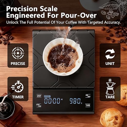 Coffee Scale with Timer 3kg/0.1g High Precision Kitchen Scale Capacity for Espresso, Pour-Over/Drip, Baking/Cooking, Touch Sensor, Silicone Cover, Portable Kitchen Scale (Black)