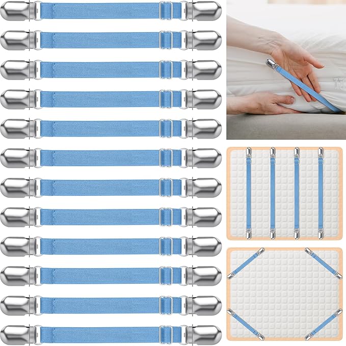 Boao 12 Pcs Bed Sheet Clips Straps Sheet Corner Straps Holder Adjustable Mattress Clips, Elastic Bed Grippers Suspender Fasteners Holder for Home (Sky Blue,8-12 Inch Length)