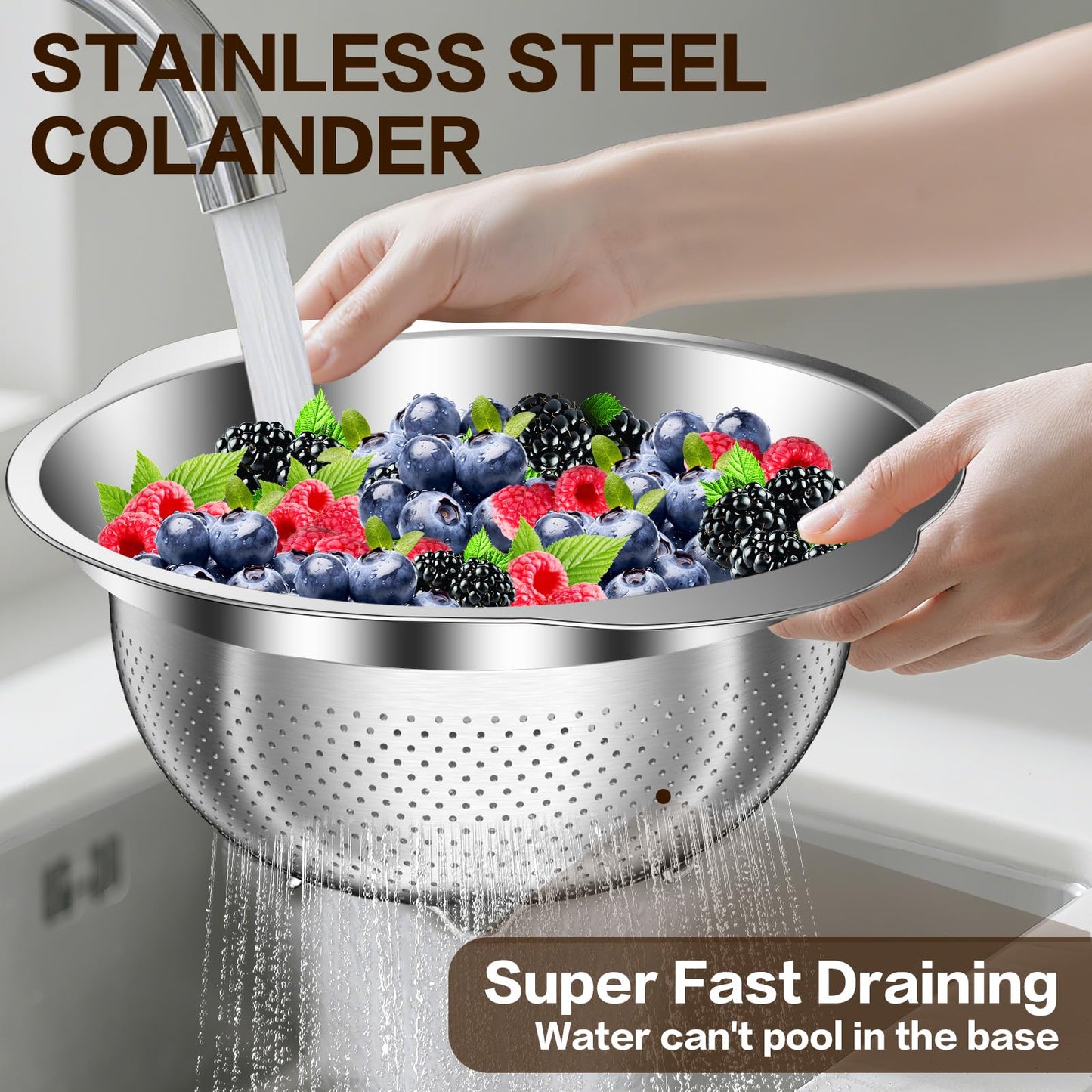 3.5QT Colander with Bowl, Rice Strainer, Stainless Steel Mixing Bowls with Strainer, Pasta Strainer, Colander for Kitchen for Rice Pasta Fruits Vegetables, Rice Cleaner Strainer, Dishwasher Safe