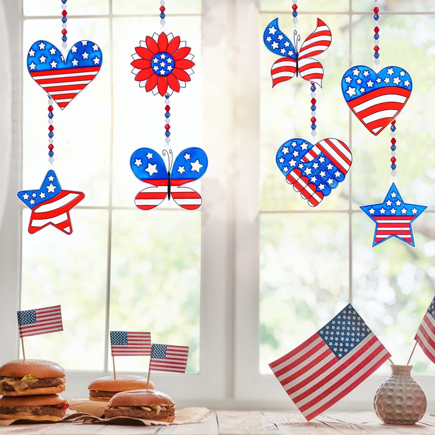 Winyn 24 Sets Patriotic Suncatchers Ornaments Decorations DIY Window Paint Art Stickers Craft Kit American Star Heart Sun Catchers for Kids Classroom 4th of July Activity Art Projects Party Favors