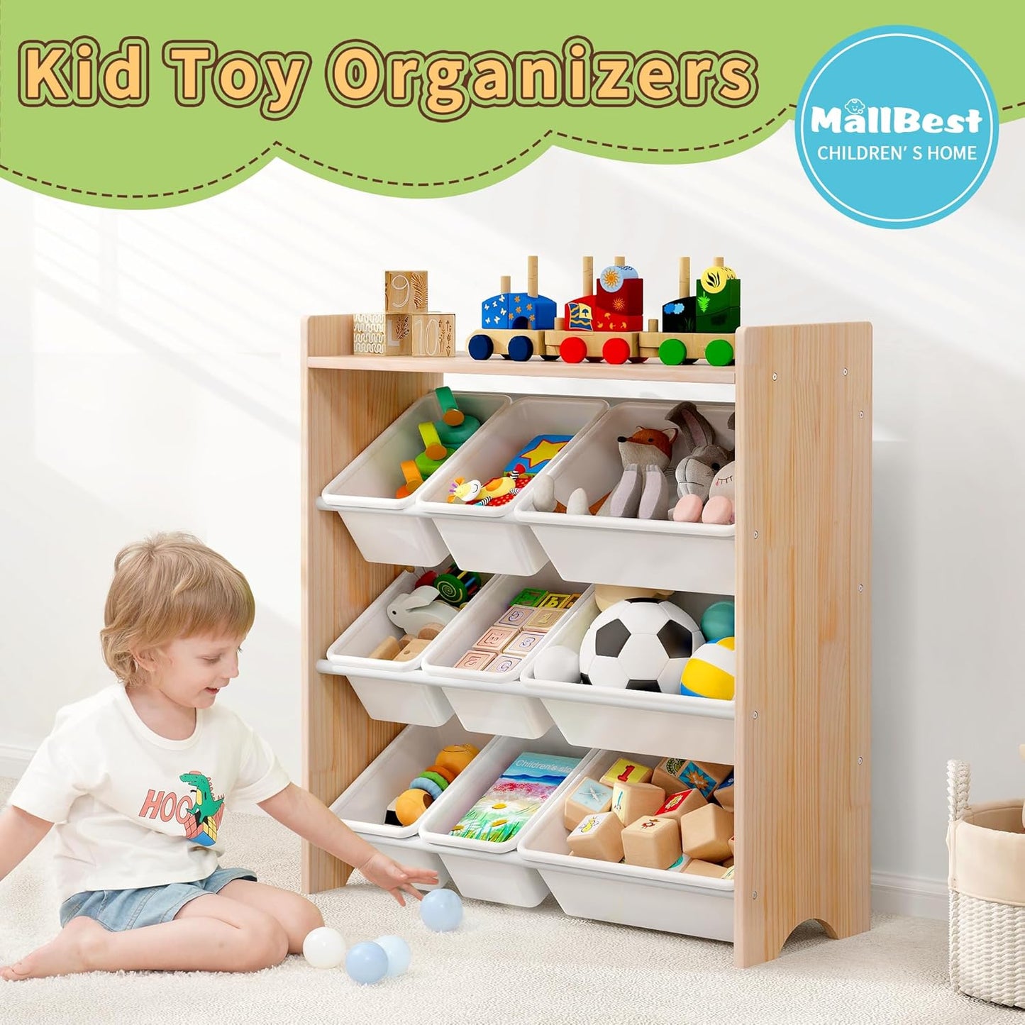 MallBest 4-Tier Kids' Toy Storage Organizer Shelf - 100% Solid Wood,Children's Storage Cabinet with 9 Plastic Bins